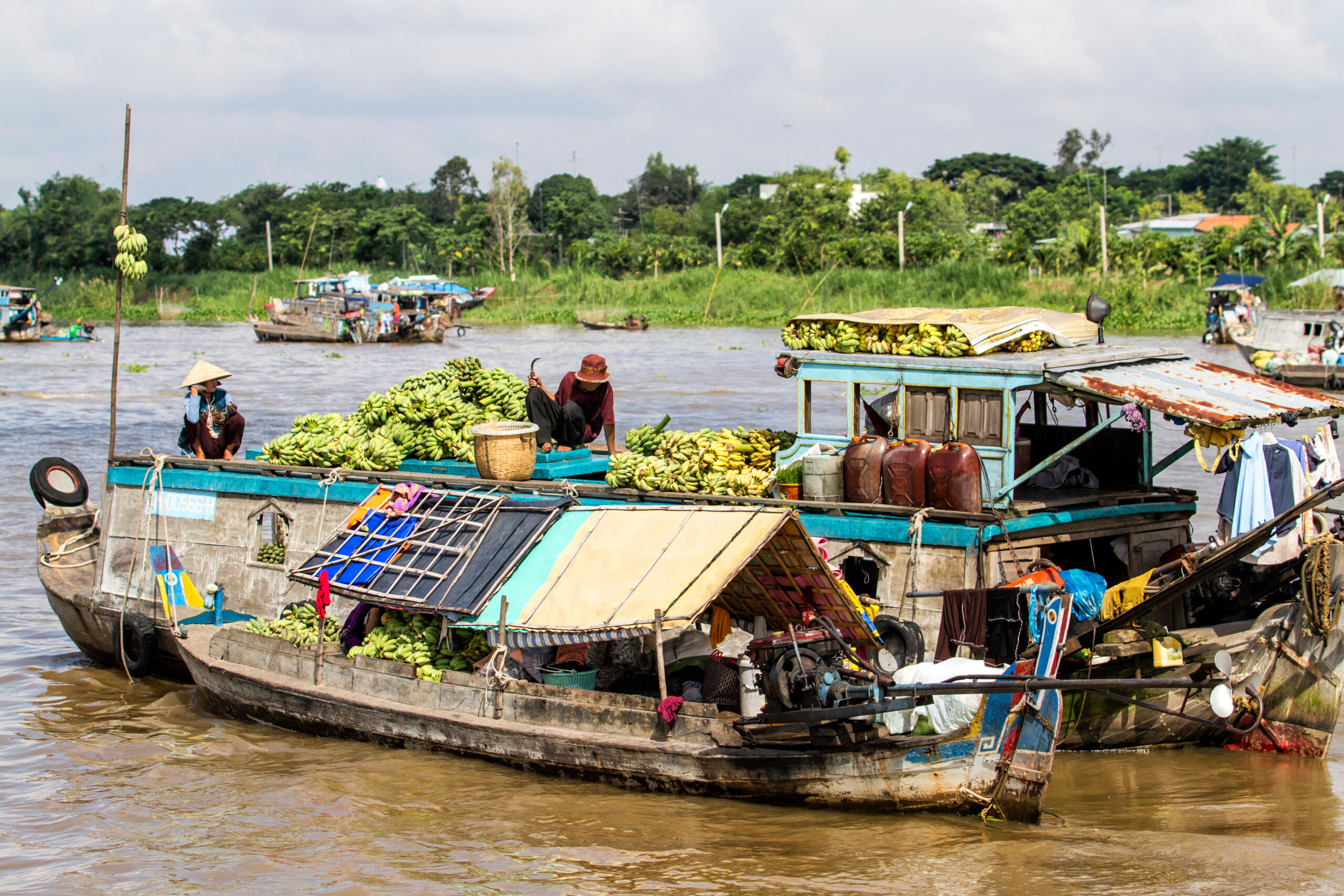 Locales del delta del Mekong, viviendo en sus canoas mientras venden en el mercado flotante. Vietnam.