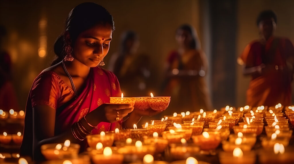 Mujer con velas en el Diwali.